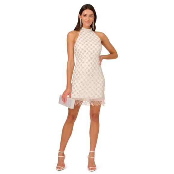 LIV FOSTER Sequin Beaded Halter Dress Size 6 Ivory Bead Fringe Trim NWT FLAW - Picture 1 of 16